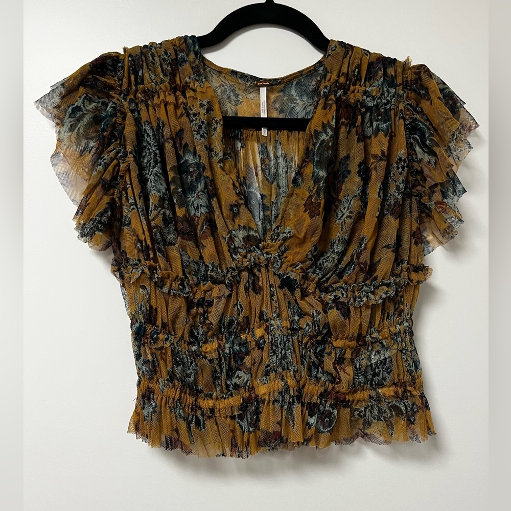 Free People Floral Ruffle Sleeve Top
